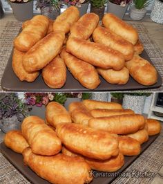 there are two pictures of bread rolls on the same plate