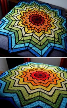 two pictures show the same blanket as they are in different colors and sizes, one is multicolored