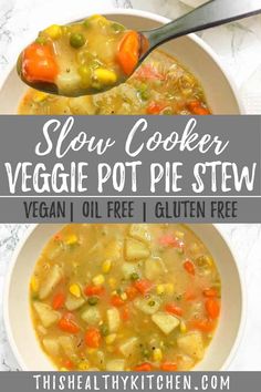 a bowl of slow cooker vegetable pot pie stew with a spoon on the side