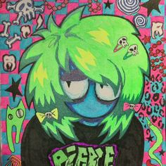 a drawing of a girl with green hair