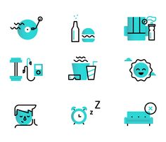 the icons are blue and have different things on them, including watermelon, toiletries