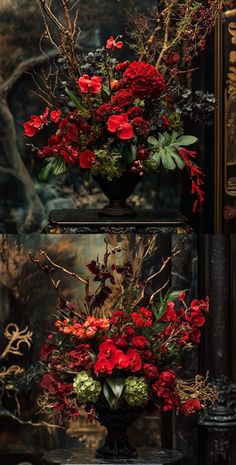 two vases filled with red flowers and greenery