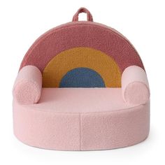 a pink chair with a rainbow design on the front and back, it is shaped like an egg