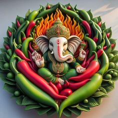 an elephant statue sitting on top of a pile of peppers and chilies in front of a white wall