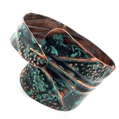 Recycled copper is formed with folds, oxidized, and applied with green natural patina. Can be worn tight or loose. Cuff measures approximately 7.8 inches long x 2.4 inches in the wider size. Protective coating applied to copper to resist tarnish. Hypoallergenic and nickel free. Due to the handcrafted nature of our jewelry, no two pieces will be alike and your one-of-a-kind piece may vary slightly from the photo. Patina Diy, Handmade Copper Bracelet, Cold Connections, Fold Forming, Contemporary Silver Jewelry, Motorcycle Ideas, Patina Jewelry, Silver Cuff Ring, Clay Bracelets