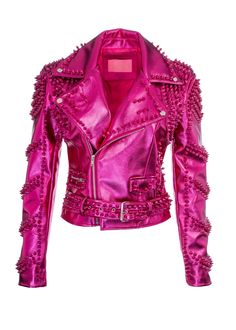 pink studded moto jacket Pink Leather Jacket, Catty Noir, Studded Shorts, Faux Leather Biker Jacket, Looks Party, Rocker Style, Pink Metallic, Pink Jacket, Jacket Design