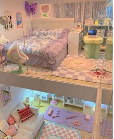 a dollhouse bedroom with a bed, desk and other furniture in it's display case