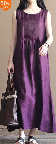 Casual Women Pure Color O-Neck Pleated Cotton Maxi Tank Dress. #women #dress #2018 Pintuck Dress, Linen Dress Women, Stil Boho, Cotton Maxi, Fashion Dresses Casual, Maxi Tank Dress, 가을 패션, Casual Summer Dresses