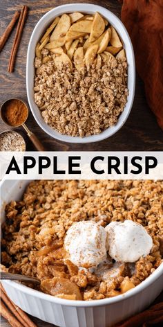 apple crisp in a white dish with cinnamon sticks and an image of apples on the side