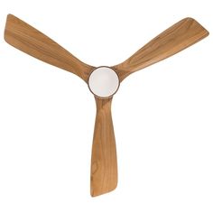 a wooden ceiling fan with three blades and a mirror on the blade is shown against a white background