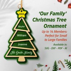 a wooden christmas tree ornament with the names of family and friends on it