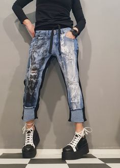 "Extravagant Denim Pants, Casual Denim Harem Pants, Painted Streetwear Pants, Loose Denim, Women Denim Harem  Extravagant designs and high quality fabrics!  Materials & Care Denim, Cotton, Elastane Hand wash at low temperatures. Do not machine dry. Do not iron. Do not dry clean!  Sizing We can make your piece from XS to 5XL! Everything in the shop can be also made according to your measures free of charge!  Shipping ✈ Ready to ship The time I need to prepare an order for shipping varies. For det Distressed Denim Blue Recycled Denim Bottoms, Baggy Distressed Blue Jeans, Baggy Blue Recycled Denim Jeans, Blue Baggy Recycled Denim Jeans, Blue Distressed Straight Leg Bottoms, Distressed Blue Straight Leg Bottoms, Dark Wash Distressed Recycled Denim Bottoms, Dark Wash Distressed Bottoms In Recycled Denim, Distressed Rigid Denim Blue Bottoms