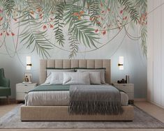 a bedroom with a bed, chair and wall mural