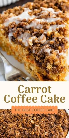 carrot coffee cake with white icing on top and the words carrot coffee cake above it