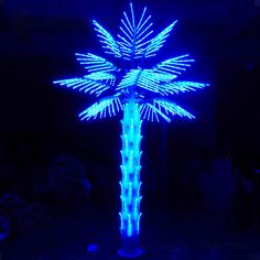 a lighted palm tree in the dark with blue lights on it's top and bottom