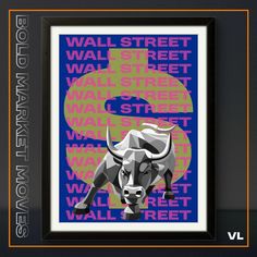 an art print with the word wall street written in bold colors and a bull's head