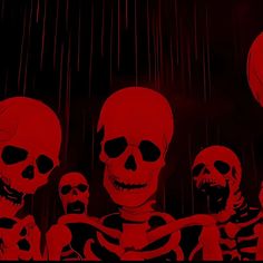 a group of skeletons standing in the rain under an umbrella with red light coming from behind them