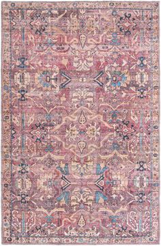 an antique rug with pink and blue colors