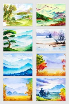 four different watercolor paintings with mountains and trees in the background, each painted on paper