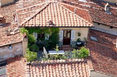 an aerial view of rooftops and roofs with plants growing on them