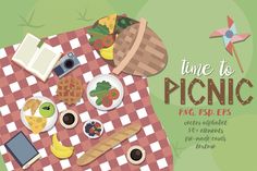 picnic time to picnic poster with food and drink on checkered tablecloth, top view