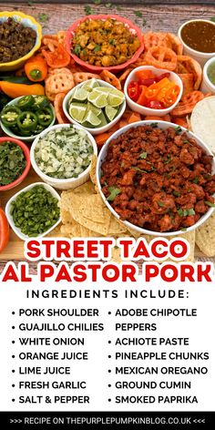 an advertisement for street taco alpastor pork, including tortilla chips and guacamole