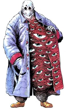 a drawing of a man with eyes on his coat