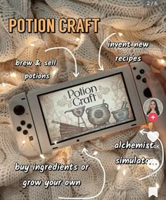 a person holding an electronic device with instructions on how to use the game potton craft