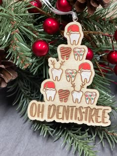 "4\" wooden hand painted dentist ornament. Oh Dentistree play on words filled with teeth in a tree shape. Perfect for your dentist or if you work in a dentists office." Dental Christmas Ornament, Christmas Dental Office Decor, Dental Christmas Decor, Dentist Christmas Tree, Dentist Ornaments, Dental Office Marketing, Dental Hygienist Graduation, Dentist Christmas, Dental Christmas