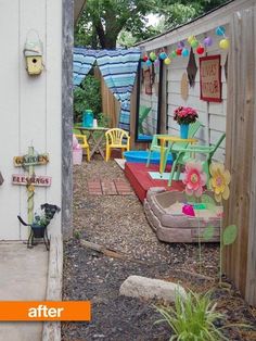 an outdoor area with chairs, tables and flowers on the outside wall next to a building