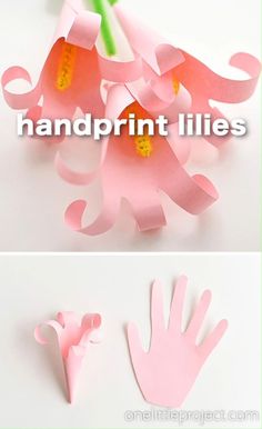 paper flowers and handprint lilies are cut out of pink paper with the words handprint lilies on them