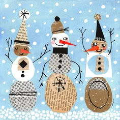 three snowmen with hats and scarves are standing in the snow, surrounded by snowflakes