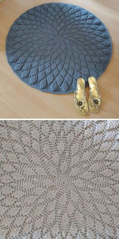 two pictures with shoes on the floor and one has a crocheted rug in it