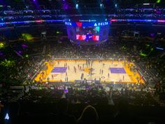 an overhead view of a basketball game in the arena