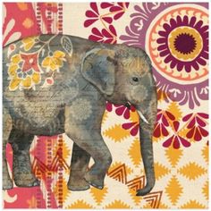 an elephant standing in front of a colorful wallpaper with flowers on it's back