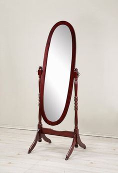 a wooden stand with a mirror on it