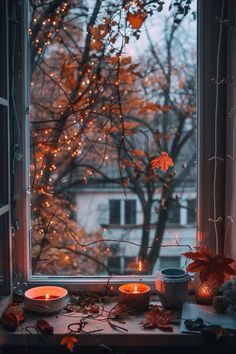 a window sill with candles and autumn leaves on the windowsill, in front of a tree