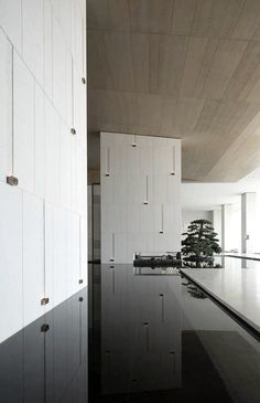 an empty room with black and white flooring next to a tall tree in the middle