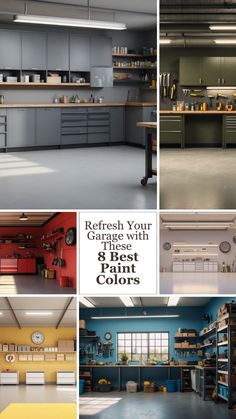 several photos of different types of kitchen cabinets in various colors and sizes, with the words refresh your garage with 8 best paint colors