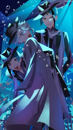 two people standing next to each other under water