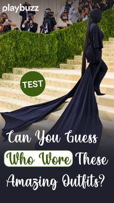 a woman in a black dress walking down stairs with the caption, can you guess who were these amazing outfits?