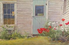 a painting of an old house with flowers in the front yard