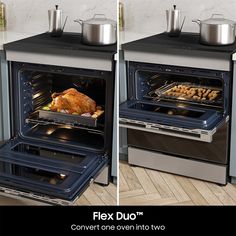 two pictures of an oven with food in it and one showing the same side by side