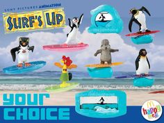 an advertisement for surf's up with penguins on surfboards