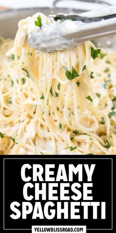 a spoon full of creamy cheese spaghetti with parsley on top and text overlay that reads, creamy cheese spaghetti