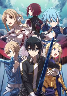 an anime movie poster with the characters in black and white outfits, one holding two swords