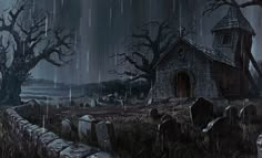 a painting of a cemetery in the rain with tombstones and trees on either side