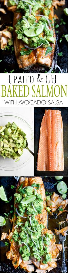 baked salmon with avocado salsa on top and in the background is an image of grilled salmon