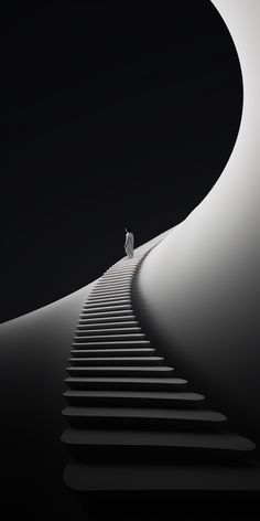 a man standing on top of a staircase in the middle of a black and white photo