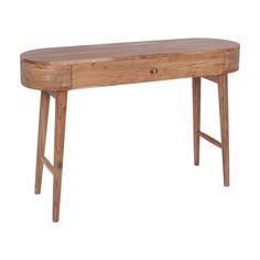 a wooden table with two legs and a drawer on the top, against a white background